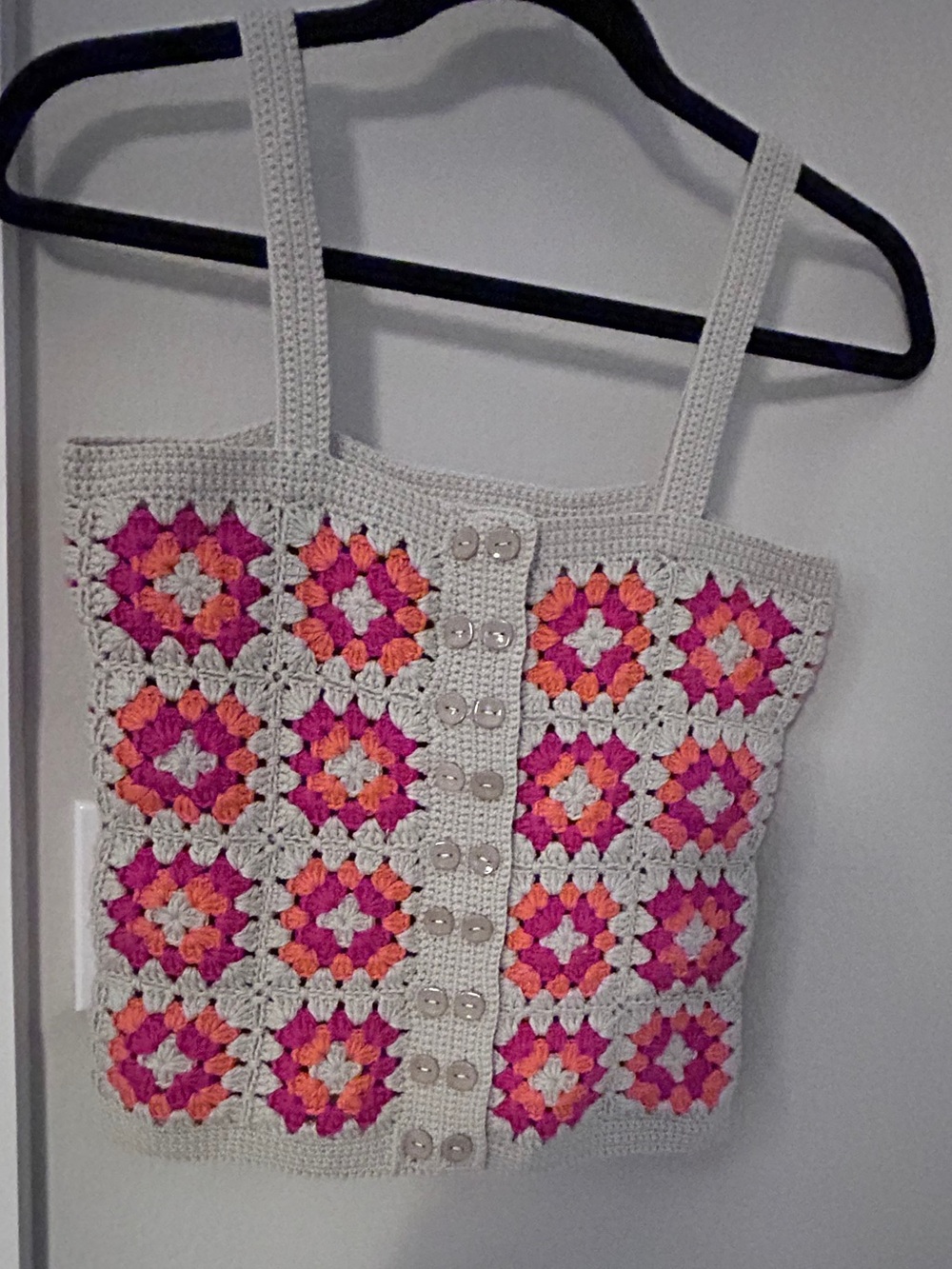 REPOSHING - Crochet Granny Square Tank Top in Beige with Pink & Orange Accents